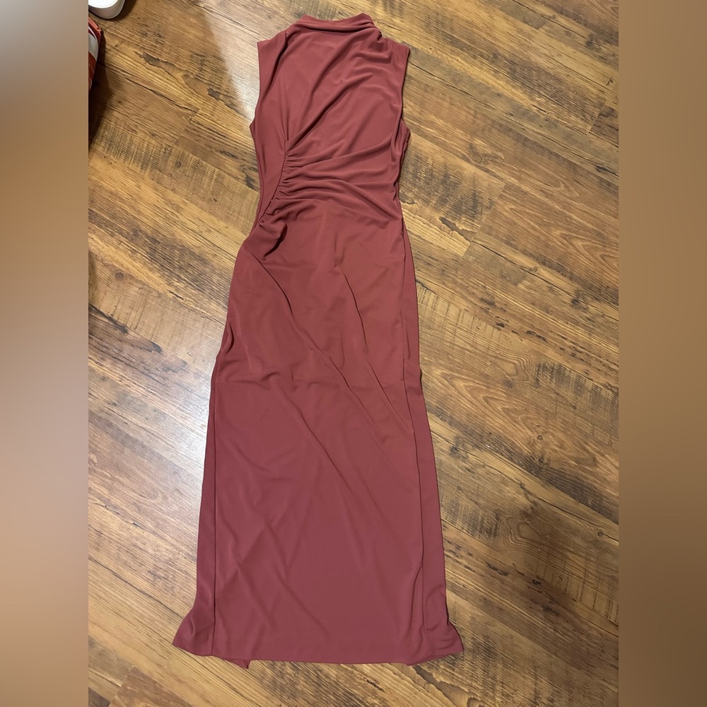 Zara Red Brown Ruched Dress - Picture 3 of 5